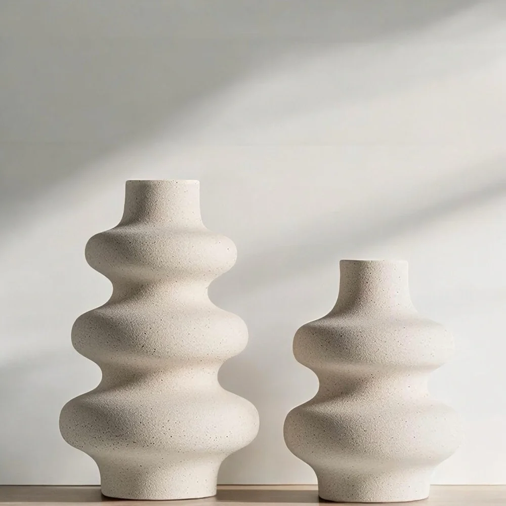 NEW West Elm Large Cream Stoneware Ceramic Geometric Flower Vase Décor Set of